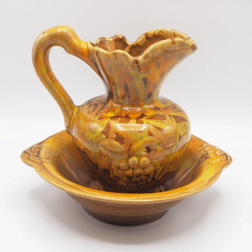 Cal Style 1108 Orange Drip Glaze Studio Pottery Pitcher Bowl Set